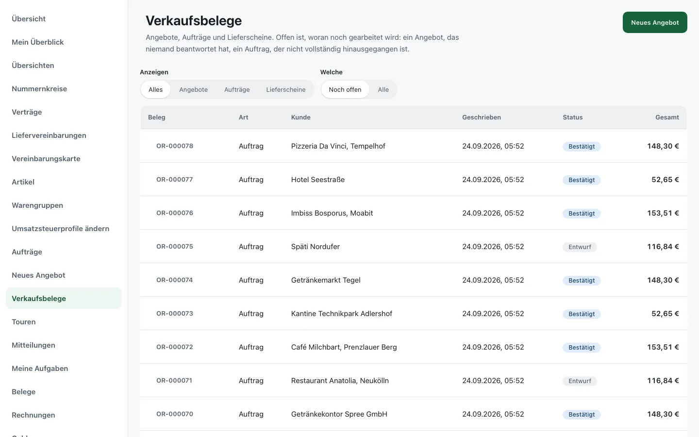 Verkaufsbelege: Angebote, Aufträge und Lieferscheine in einer Liste; offene Vorgänge zuerst.