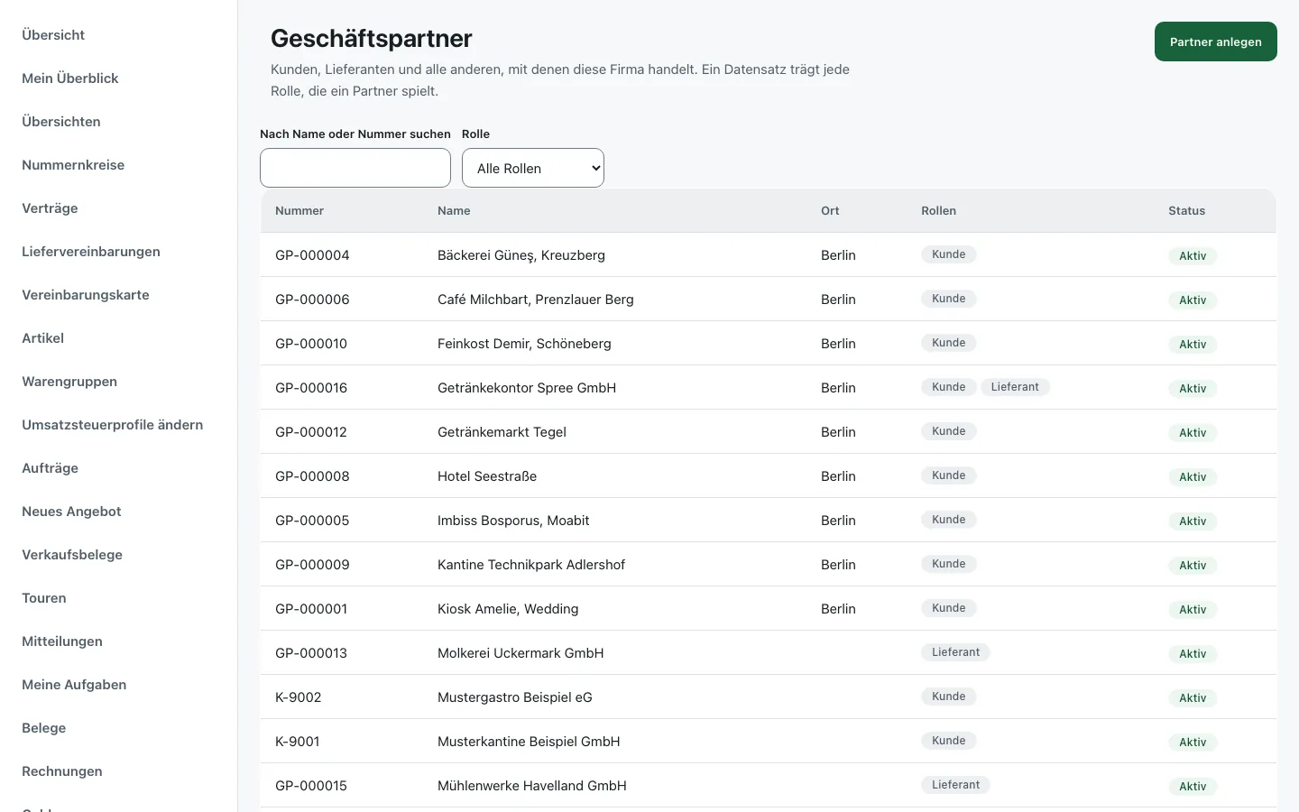 Geschäftspartner: Kunden, Lieferanten und Firmen, die beides sind, in einer Liste.
